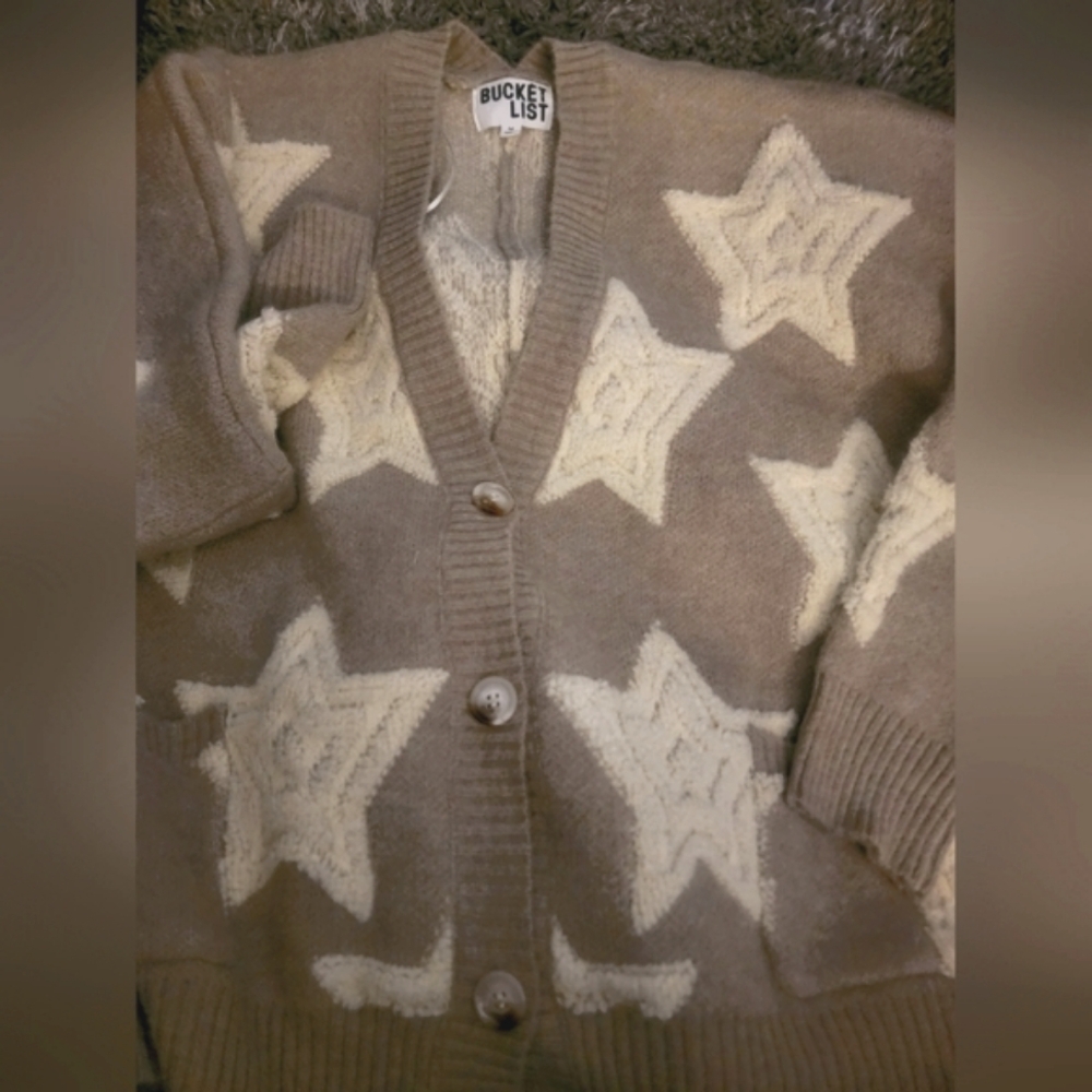Bucket List Beige Star Cardigan oversized NWOT